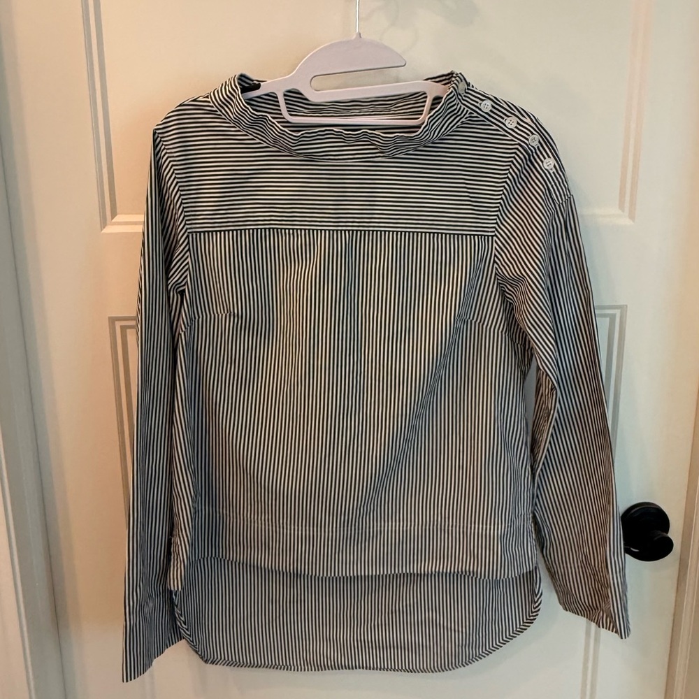 J.Crew Women’s  0 Gray White Funnel Neck Striped Blouse Button Shoulder High Low